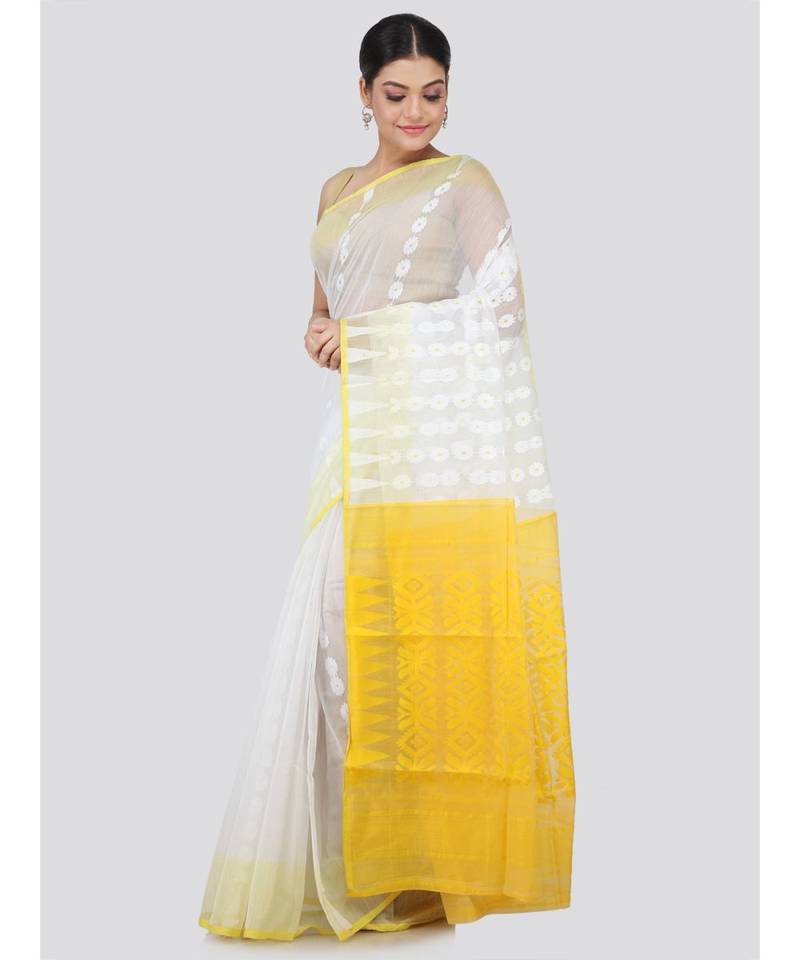 White Pure Cotton Hand Woven Saree Without Blouse