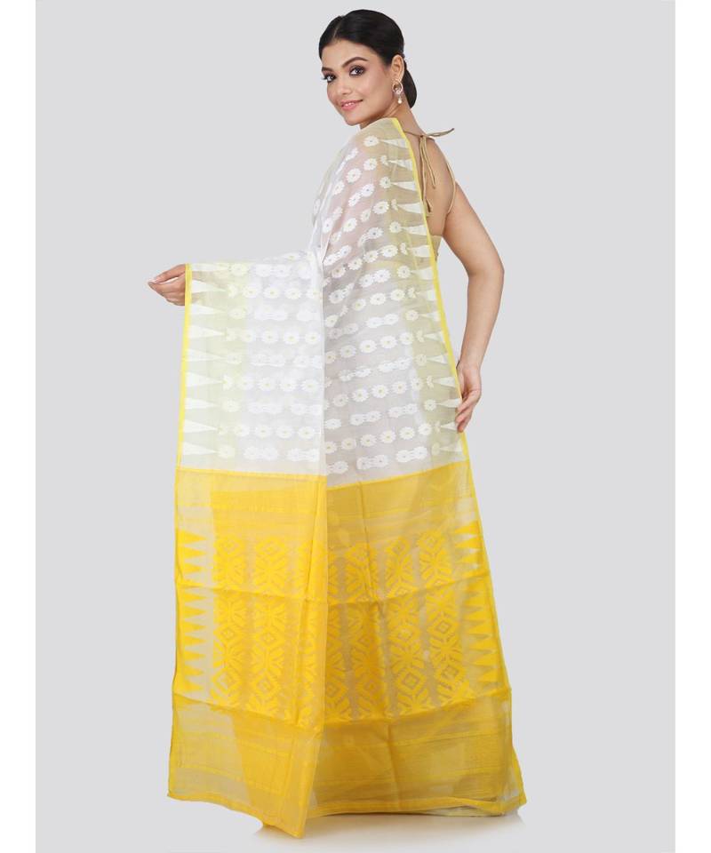 White Pure Cotton Hand Woven Saree Without Blouse