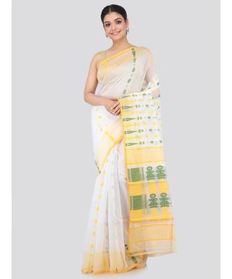 White Pure Cotton Hand Woven Saree Without Blouse 1