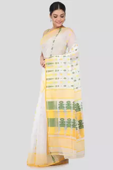 White Pure Cotton Hand Woven Saree Without Blouse