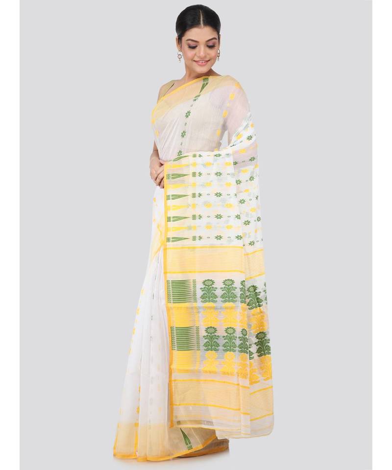 White Pure Cotton Hand Woven Saree Without Blouse