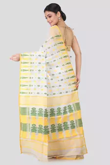 White Pure Cotton Hand Woven Saree Without Blouse