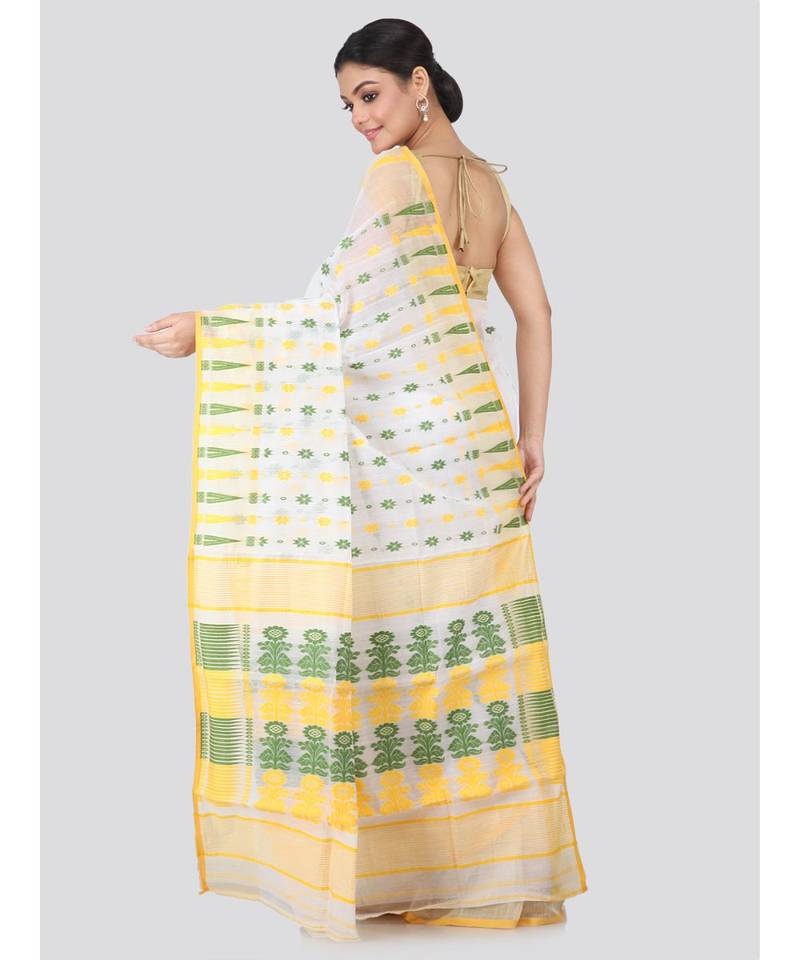 White Pure Cotton Hand Woven Saree Without Blouse