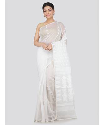 White Pure Cotton Hand Woven Saree Without Blouse 1