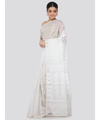 White Pure Cotton Hand Woven Saree Without Blouse 2
