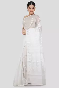 White Pure Cotton Hand Woven Saree Without Blouse