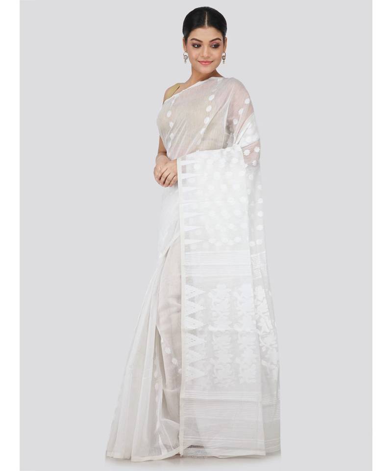 White Pure Cotton Hand Woven Saree Without Blouse