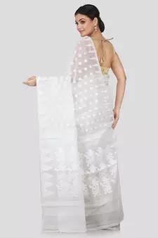 White Pure Cotton Hand Woven Saree Without Blouse