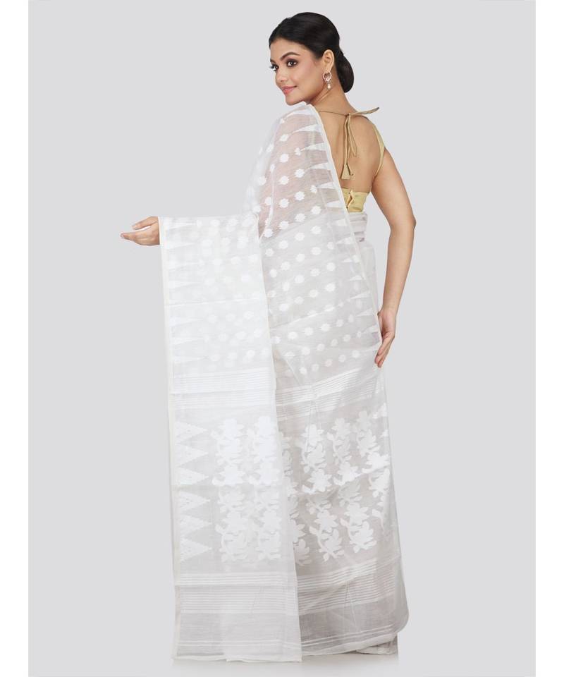 White Pure Cotton Hand Woven Saree Without Blouse