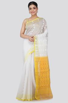 White Pure Cotton Hand Woven Saree Without Blouse