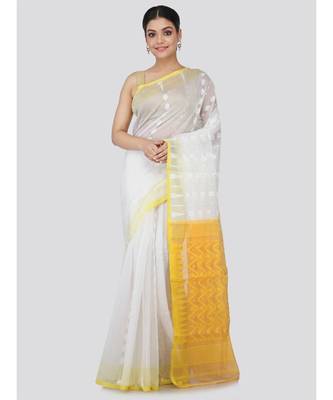 White Pure Cotton Hand Woven Saree Without Blouse 1