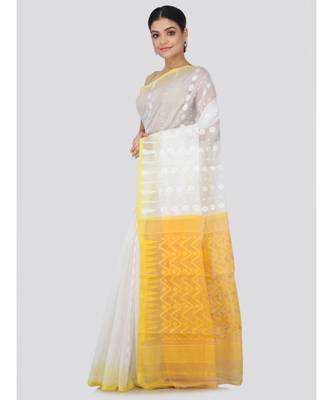 White Pure Cotton Hand Woven Saree Without Blouse 2