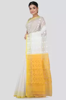 White Pure Cotton Hand Woven Saree Without Blouse