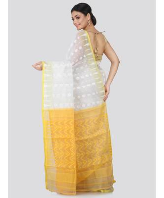 White Pure Cotton Hand Woven Saree Without Blouse 3