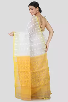 White Pure Cotton Hand Woven Saree Without Blouse