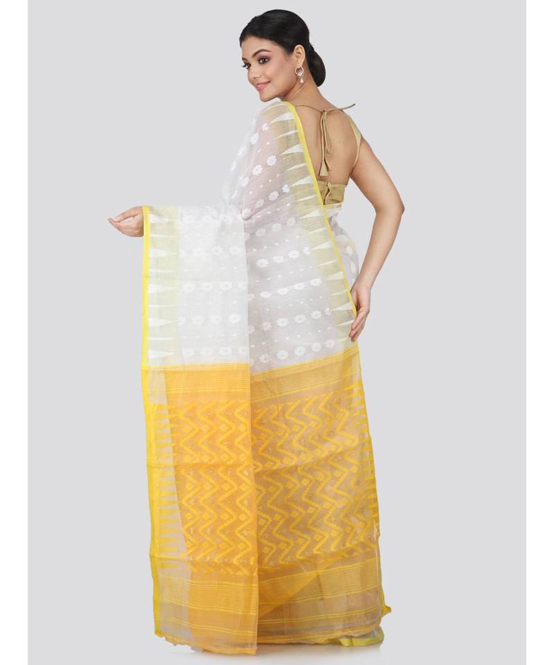 White Pure Cotton Hand Woven Saree Without Blouse