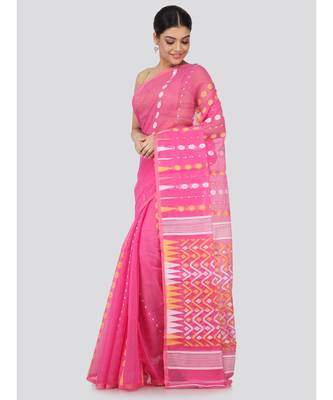 Pink Pure Cotton Hand Woven Saree Without Blouse 2