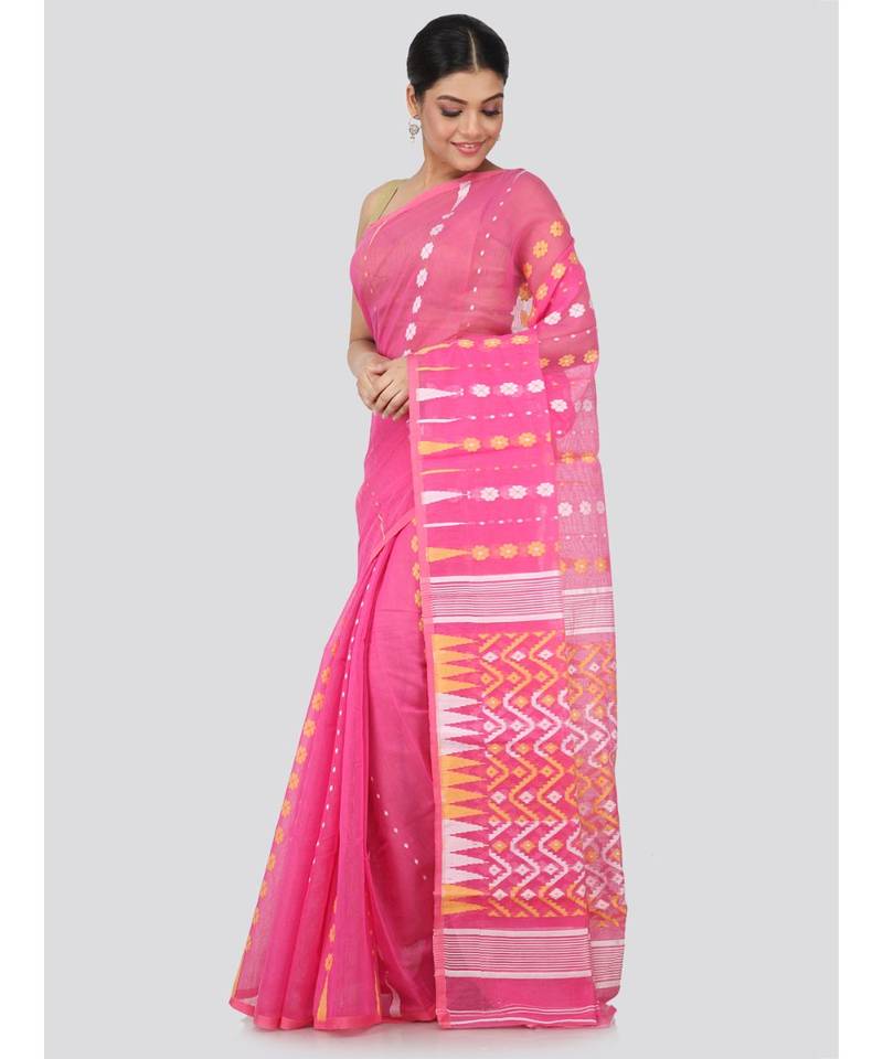 Pink Pure Cotton Hand Woven Saree Without Blouse
