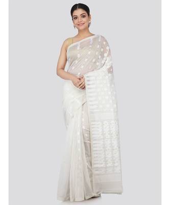 White Pure Cotton Hand Woven Saree Without Blouse 1