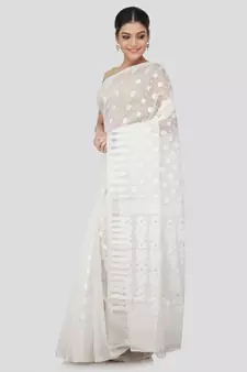 White Pure Cotton Hand Woven Saree Without Blouse