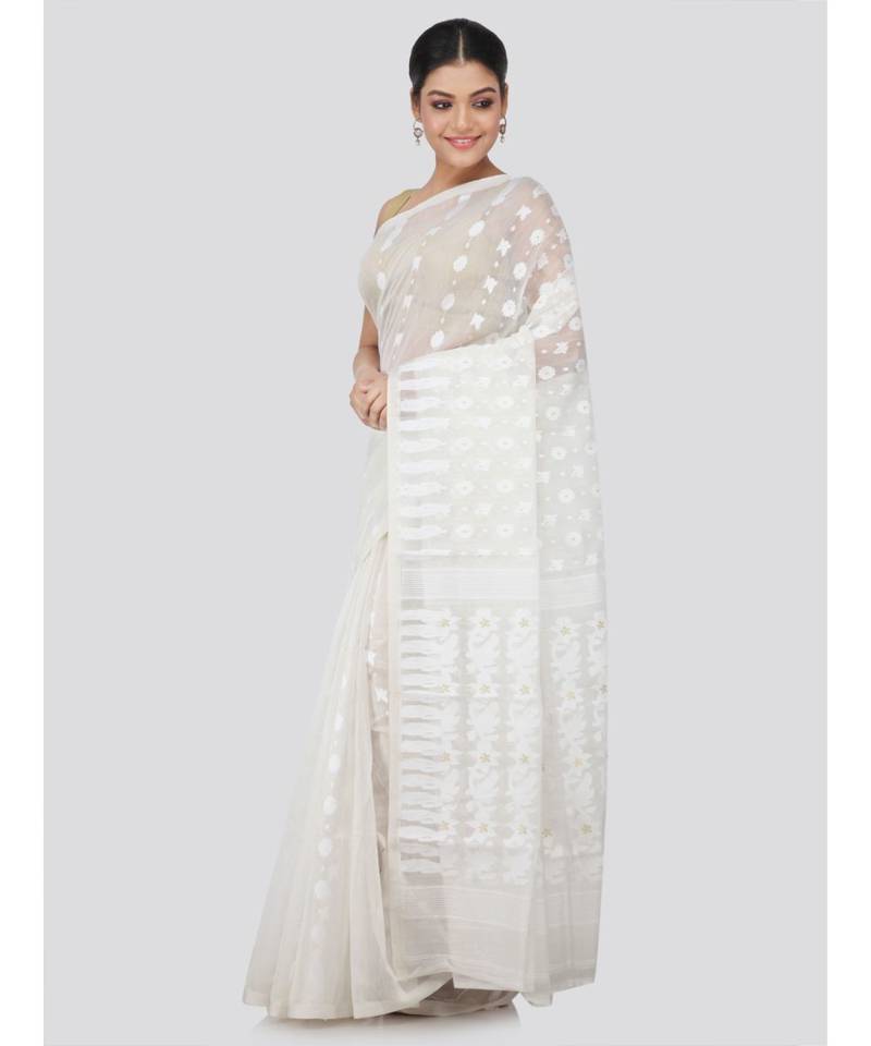 White Pure Cotton Hand Woven Saree Without Blouse