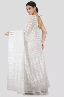White Pure Cotton Hand Woven Saree Without Blouse