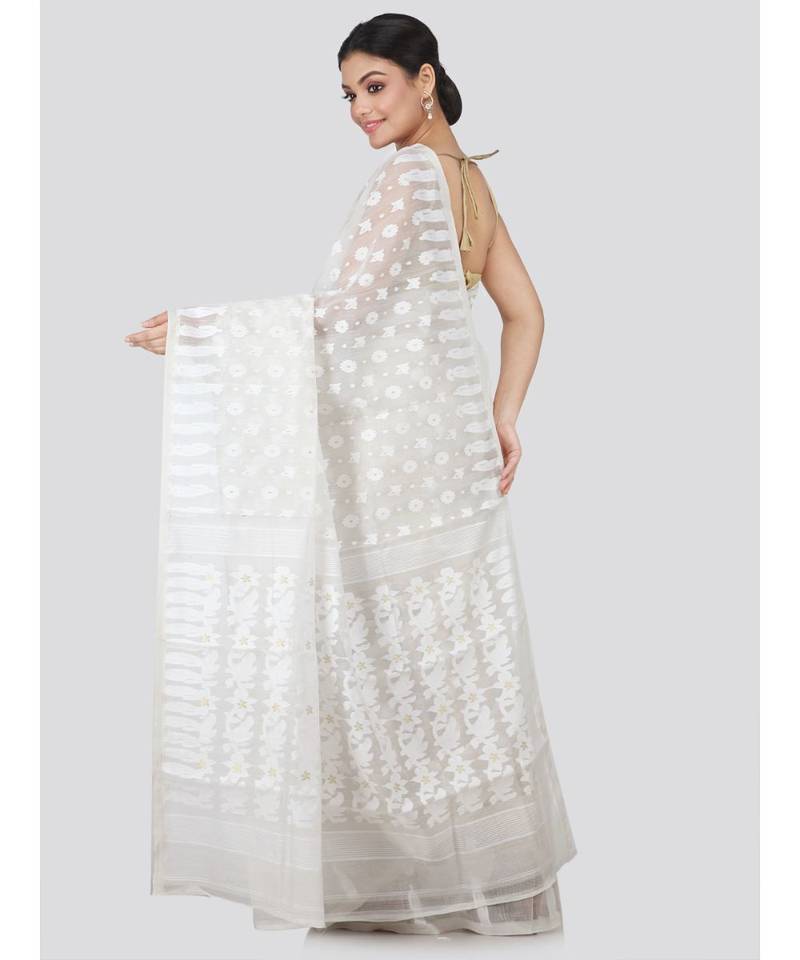 White Pure Cotton Hand Woven Saree Without Blouse