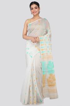 White Pure Cotton Hand Woven Saree Without Blouse