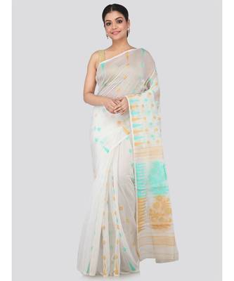 White Pure Cotton Hand Woven Saree Without Blouse 1