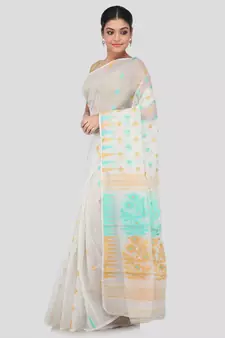 White Pure Cotton Hand Woven Saree Without Blouse