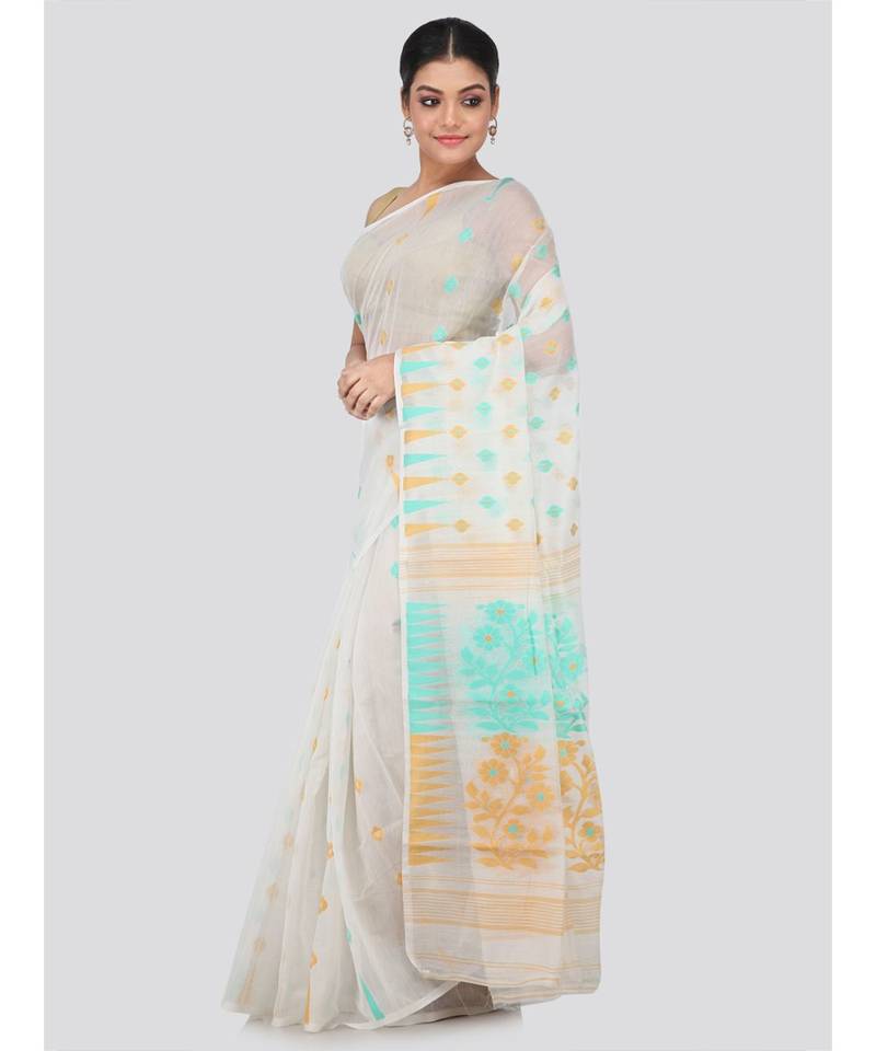 White Pure Cotton Hand Woven Saree Without Blouse