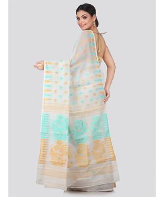 White Pure Cotton Hand Woven Saree Without Blouse 3