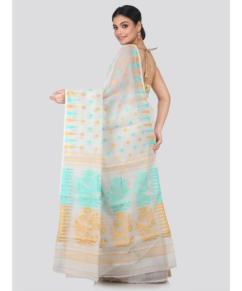 White Pure Cotton Hand Woven Saree Without Blouse