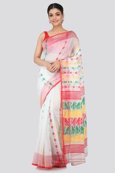 White Pure Cotton Hand Woven Saree Without Blouse