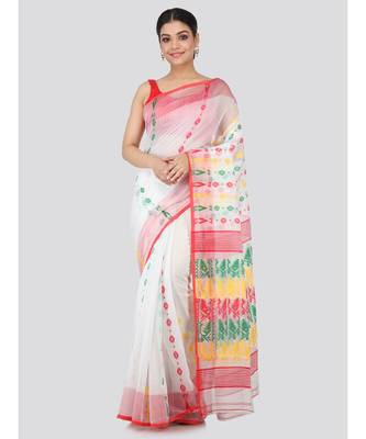 White Pure Cotton Hand Woven Saree Without Blouse 1