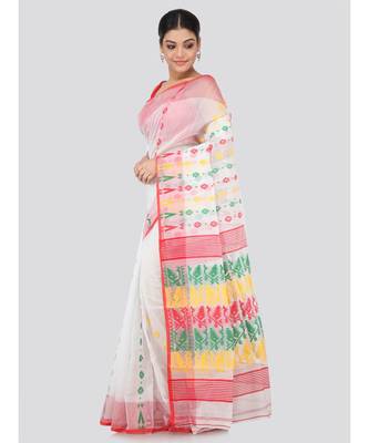 White Pure Cotton Hand Woven Saree Without Blouse 2