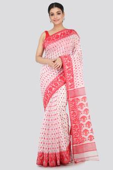 White Pure Cotton Hand Woven Saree Without Blouse