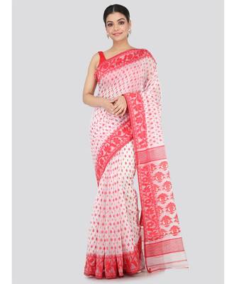 White Pure Cotton Hand Woven Saree Without Blouse 1