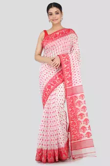 White Pure Cotton Hand Woven Saree Without Blouse