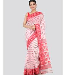 White Pure Cotton Hand Woven Saree Without Blouse