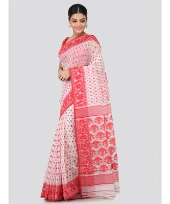 White Pure Cotton Hand Woven Saree Without Blouse 2