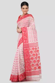 White Pure Cotton Hand Woven Saree Without Blouse
