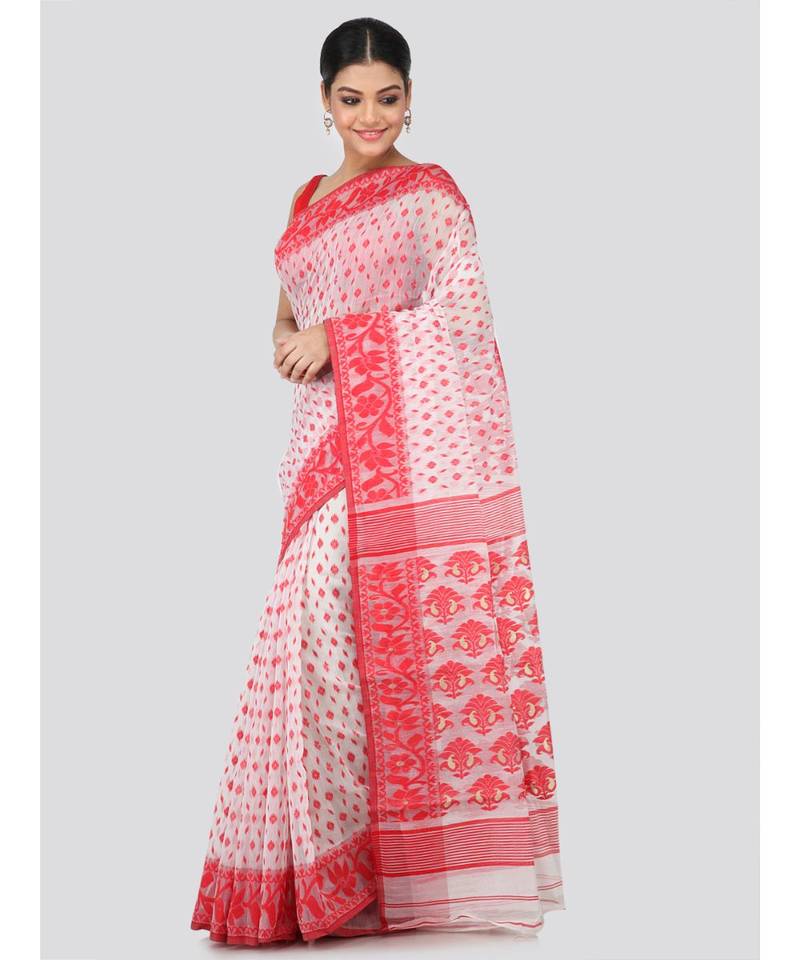 White Pure Cotton Hand Woven Saree Without Blouse