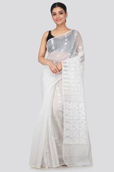White Pure Cotton Hand Woven Saree Without Blouse