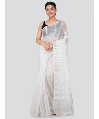 White Pure Cotton Hand Woven Saree Without Blouse 1