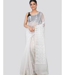 White Pure Cotton Hand Woven Saree Without Blouse