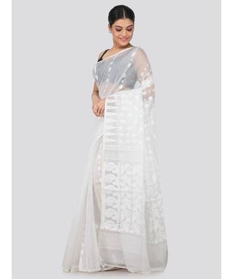White Pure Cotton Hand Woven Saree Without Blouse 2