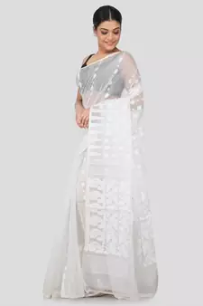 White Pure Cotton Hand Woven Saree Without Blouse