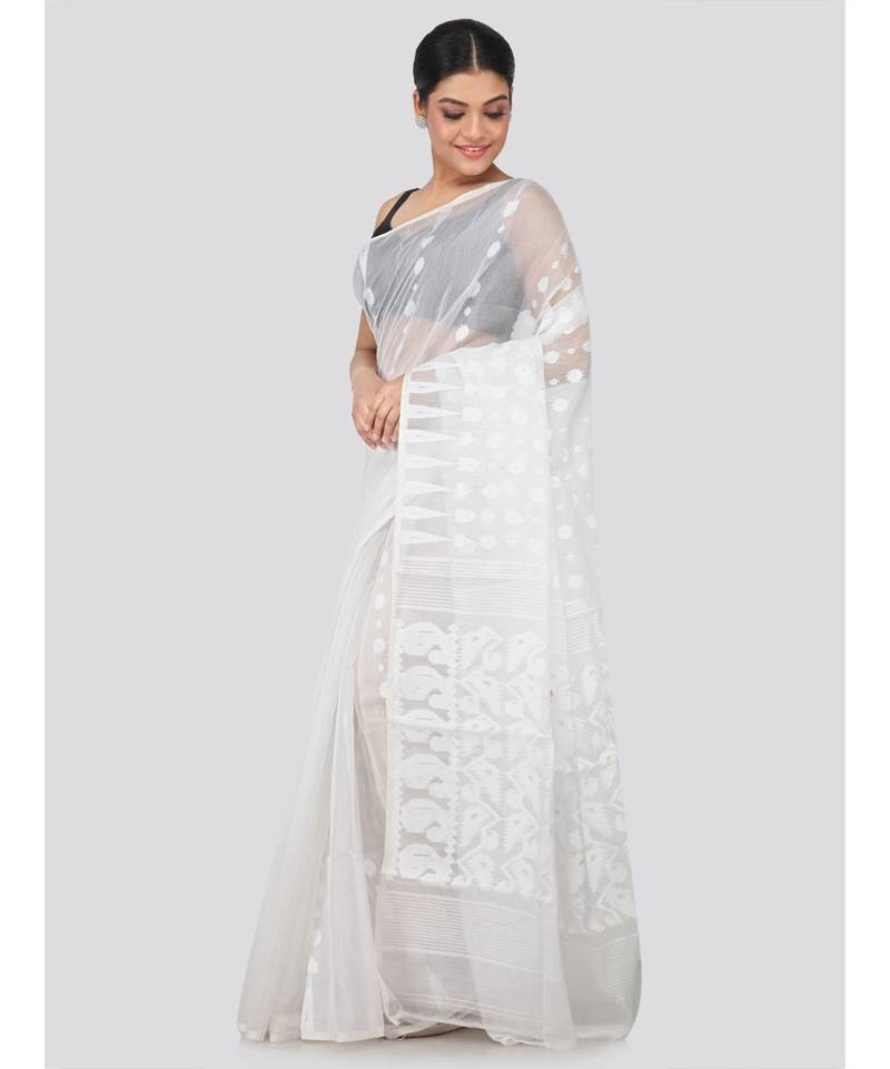 White Pure Cotton Hand Woven Saree Without Blouse