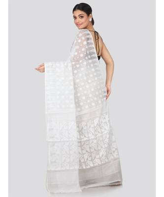 White Pure Cotton Hand Woven Saree Without Blouse 3